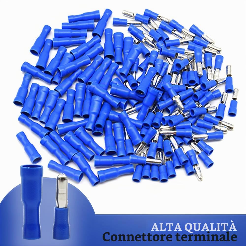 100 Pezzi Connettori Elettrici Terminali a Crimpare Connettori per cavi elettrici a Testa a Proiettile – Per Cavi Da 1,5 – 2,5 mm² (Blu/YPZL)
