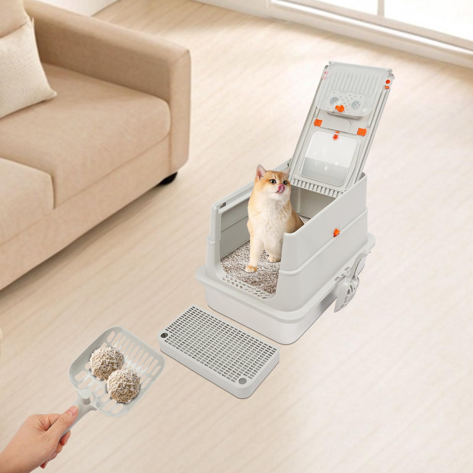Grande lettiera chiusa per gatti in metallo, con funzione di controllo degli odori, con spatola e coperchio, per gatti di grandi dimensioni e per la casa multipla (grigio chiaro)