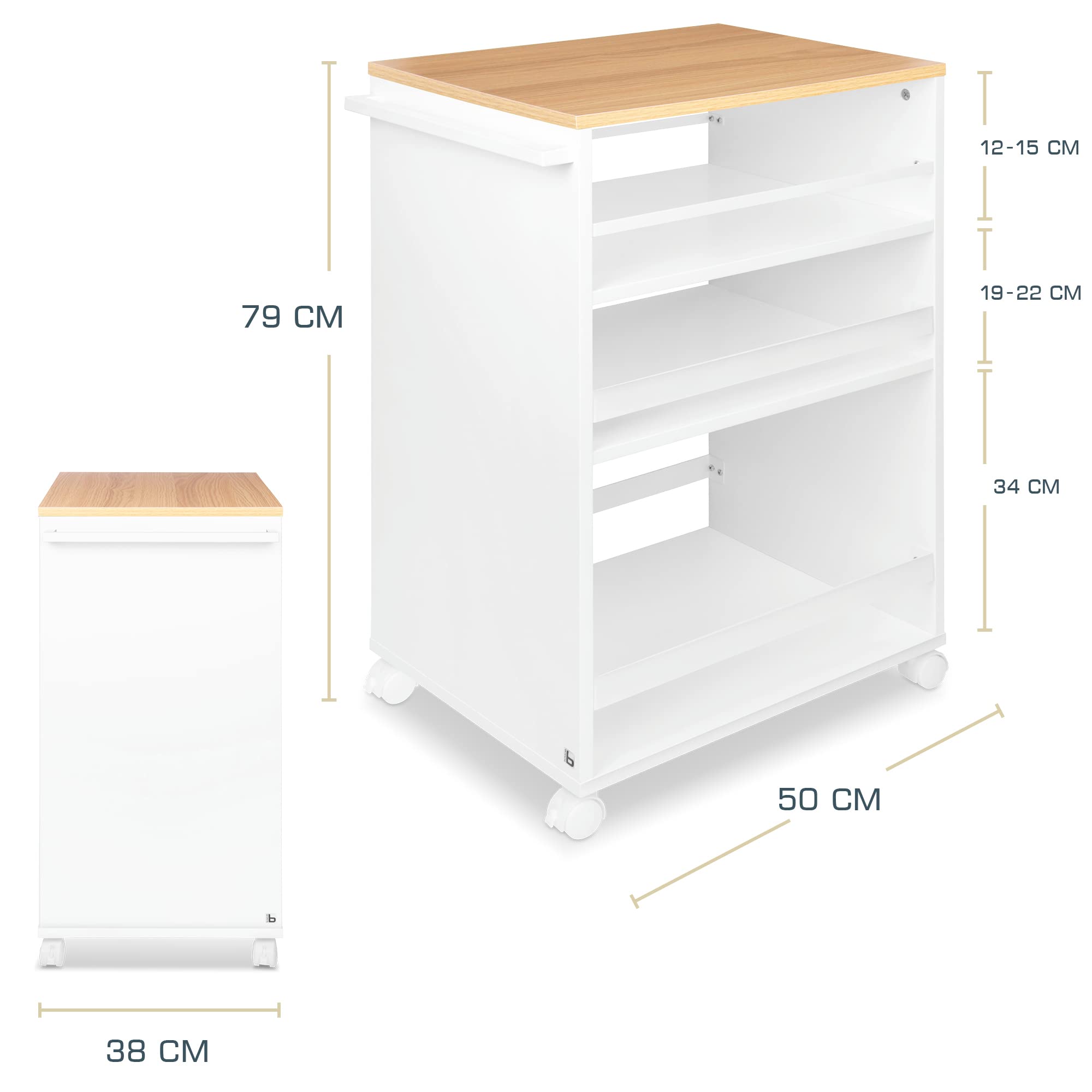 bomoe Carrello da Cucina Su Rotelle Con 3 Livelli Regolabili - Legno FSC® di Alta Qualità Universale per Cucine e Bagno - Bengt Rovere e Bianco
