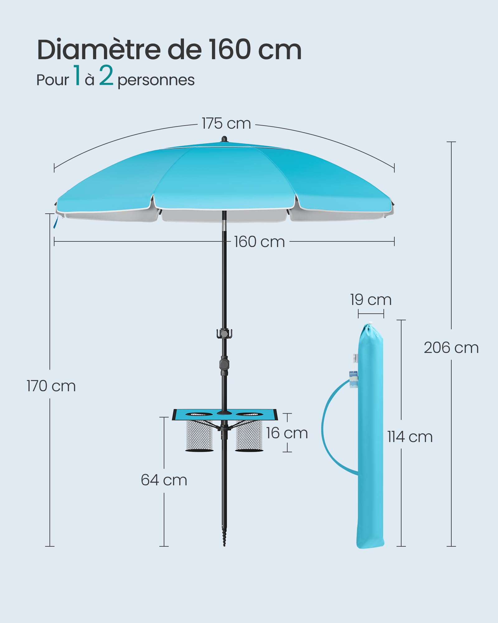 SONGMICS Parasol 160 cm, UPF 50+, Inclinaison de 30° des 2 Côtés, Hauteur Réglable, Petite Tablette, Crochets, Adapté pour Plage, Jardin, Sans Base, Bleu GPU0080Q01