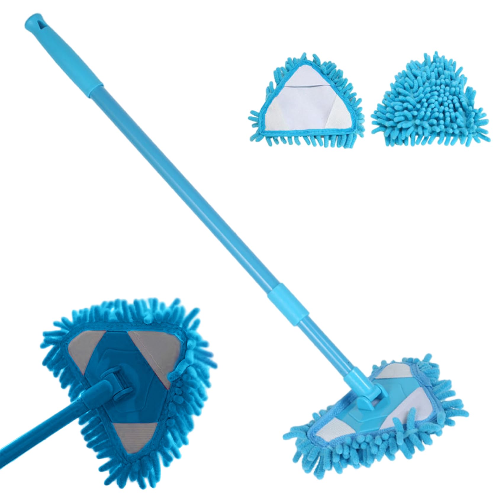 Striegro 3-Piece Triangle Mop Set, Adjustable Telescopic Wall Mop with 2 Chenille Heads for Bathroom & Glass Blue.