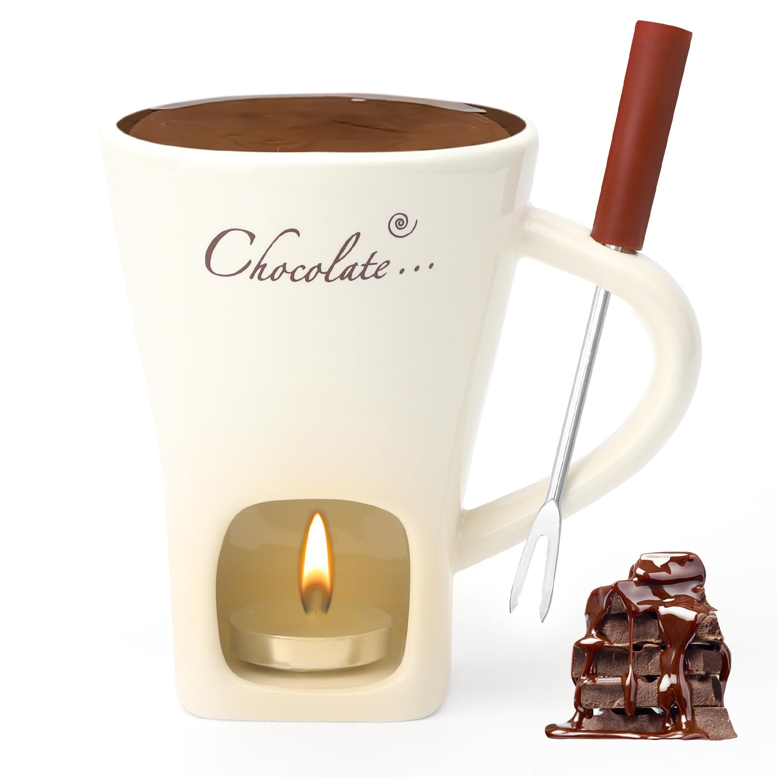 Taza de cerámica para fondue de chocolate, 130 ml, con portavelas y tenedores, fondue de chocolate, juego de fondue de chocolate, juego de fondue de chocolate, cazuela para chocolate, queso