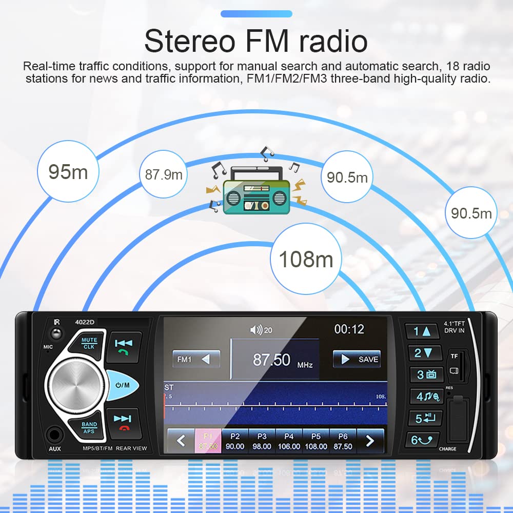 Hikity Radio Coche 1DIN Bluetooth, Pantalla Digital TFT 4.1'' | Manos Libres, Cámara Trasera, FM USB AUX TF, SWC, Estéreo, Radio Pantalla 1 Din