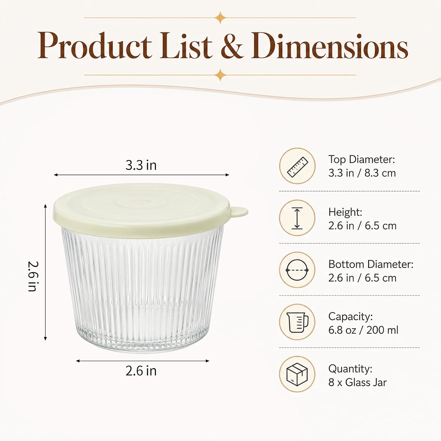 8 PCS Small Glass Bowls with Lids, 6.8 oz Ribbed Mini Glass Food Storage Containers, 3.3 x 2.6 in Clear Pudding Cups for Sauces Dips Snacks, Clear Dessert Prep Bowls Set for Kitchen Refrigerator (8)