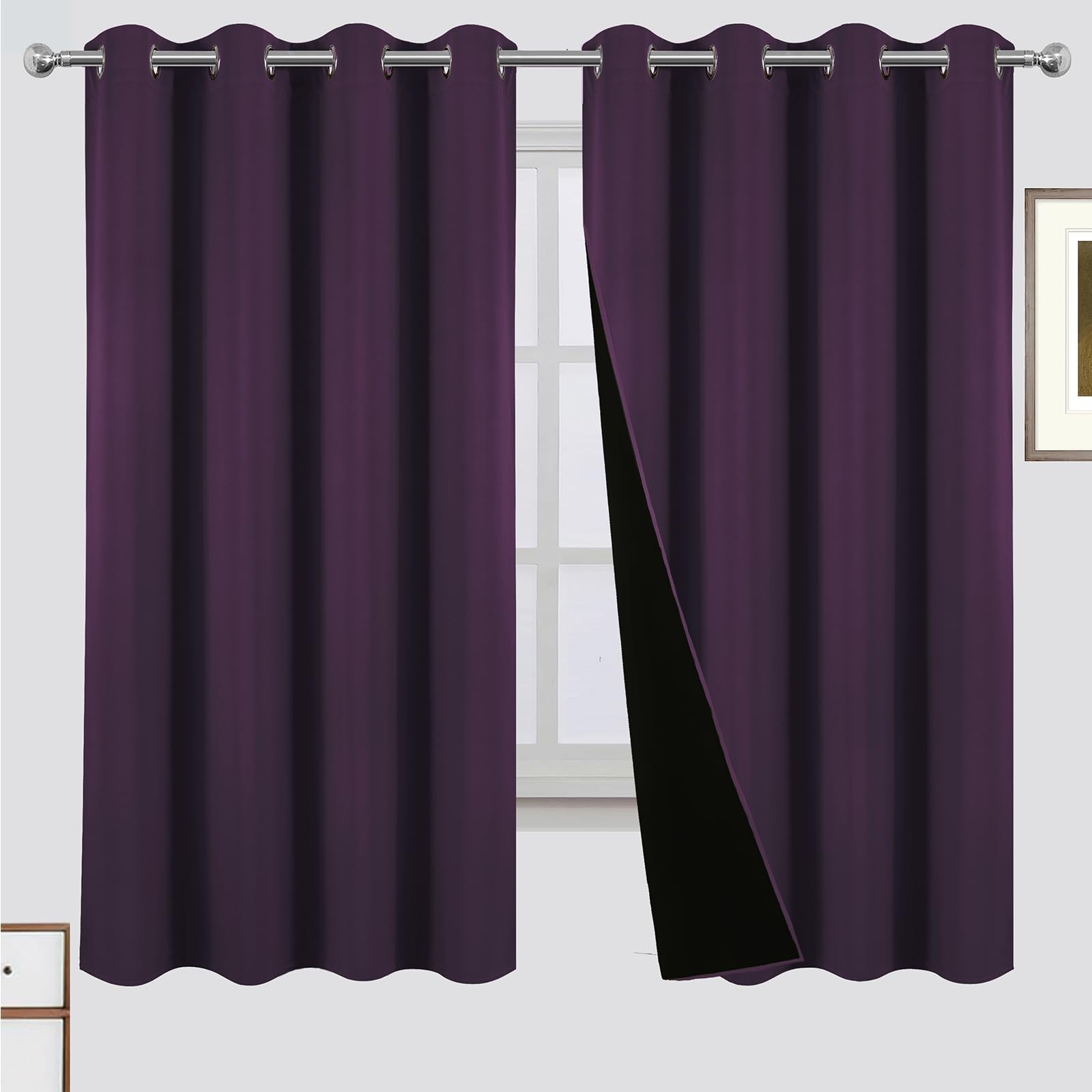 LEMOMO 100% Blackout Curtains 52 x 63 Inch Purple Curtains 2 Panels Darkening Thermal Insulated Bedroom Curtains