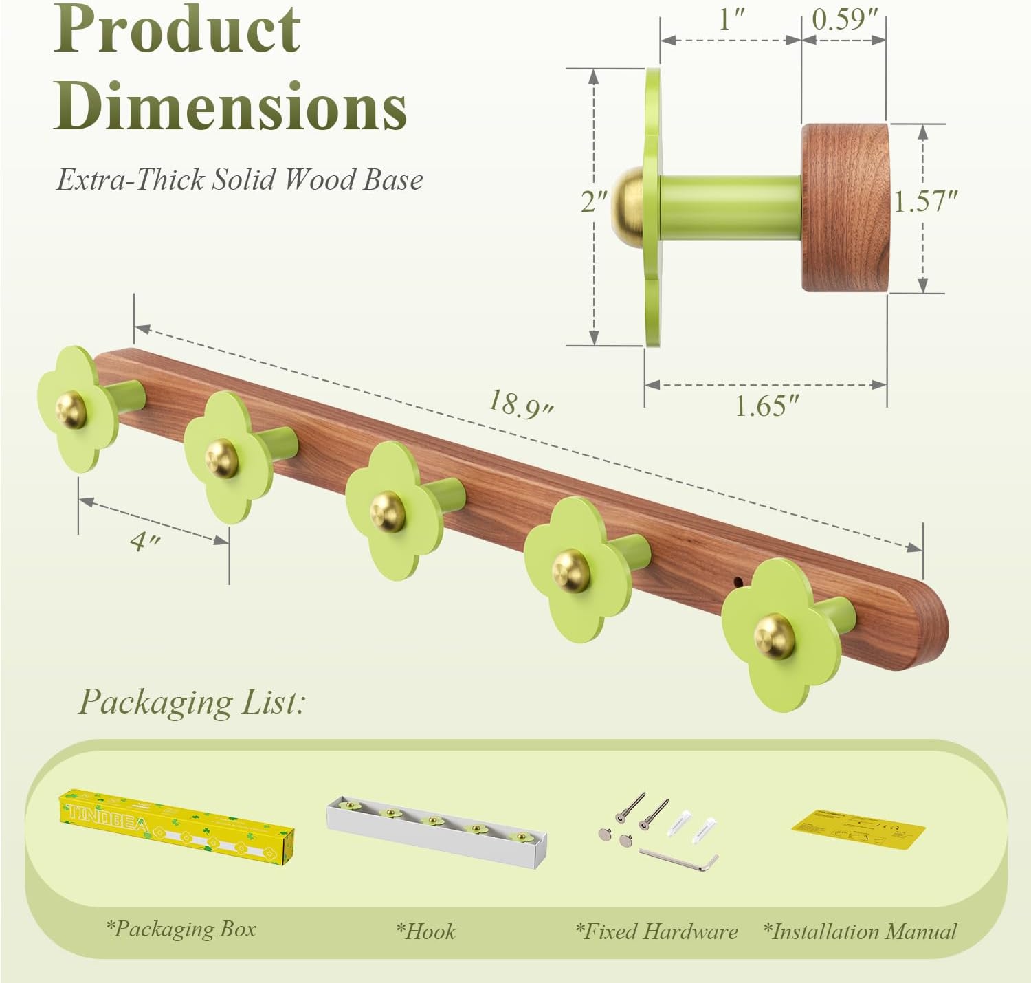Tindbea Walnut Wood Wall Hooks Heavy Duty Coat Rack Wall Mount 5 Hooks for Coat, Purse, Hat, Robe, Towel, Clothes, Decorative Home Storage for Bathrooms, Eentryway, Kitchen Door (1 Pack, Green)