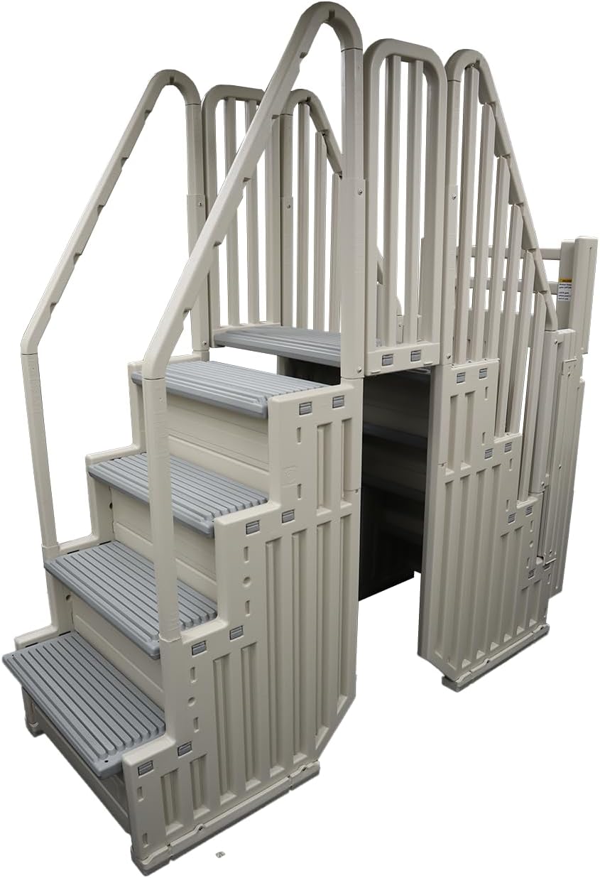 Confer Plastics Step Enclosure System: Above Ground Entry System, Dual Handrails, Slip-Resistant Steps, Supports 400 lbs, Easy Install – Made in USA, Warm Grey with Grey Step-1X Treads