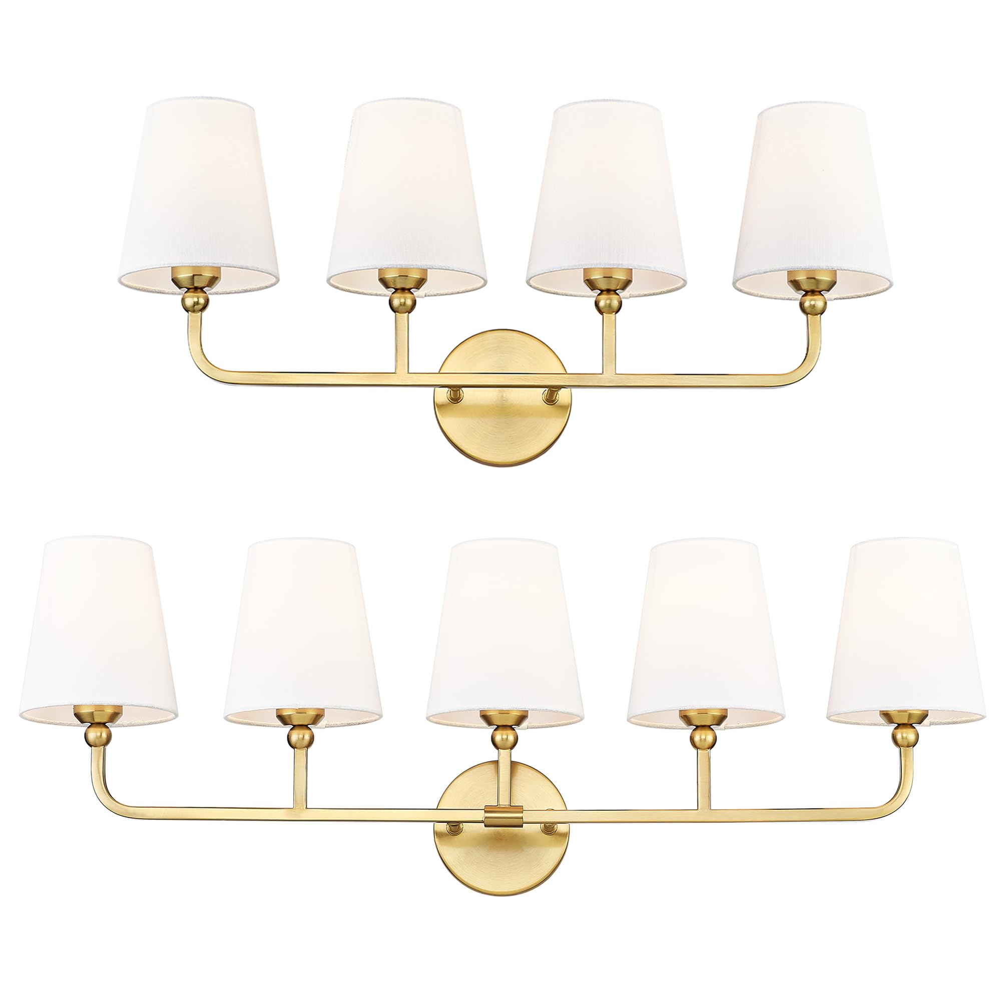 METWET 4-Light Bathroom Light Fixtures and 5-Light Bathroom Vanity Lights with Flared White Fabric Shade, Brushed Gold, VL837