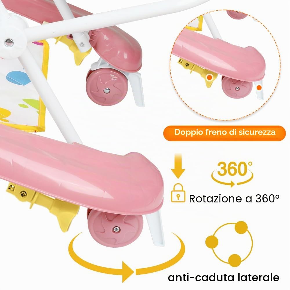 Girello per bambini con vassoio per attività musicali rimovibile, girello per bambini facilmente pieghevole, altezza regolabile, a partire da 6 mesi, 62 x 68 x 36-81 cm (rosa)