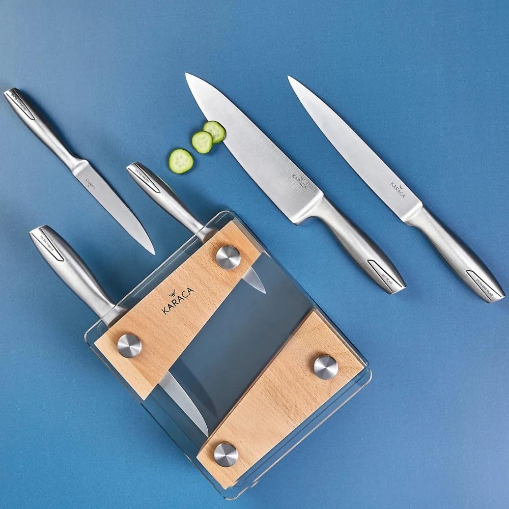 Karaca Venüs - Messerblock mit Messer 6-teiliges Set, Messerset Scharf im Glass-block, Edelstahl Küchenmesser, Brotmesser, Kochmesser Set