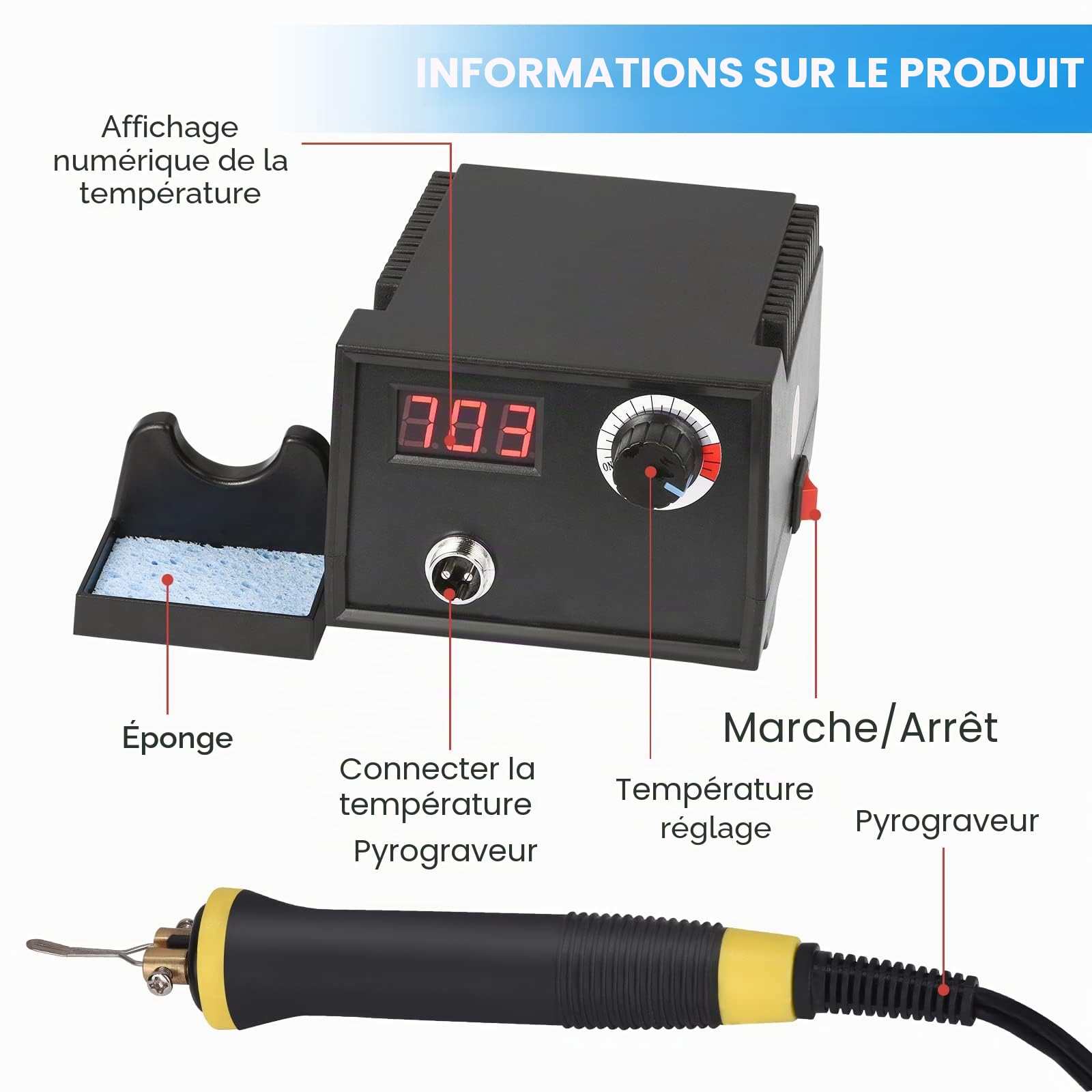 Kit de pyrogravure sur bois, machine de pyrogravure de 60 W avec 33 pointes de fer à souder, écran LCD de température réglable de 35 à 700 °C, convient pour bois, cuir et citrouilles