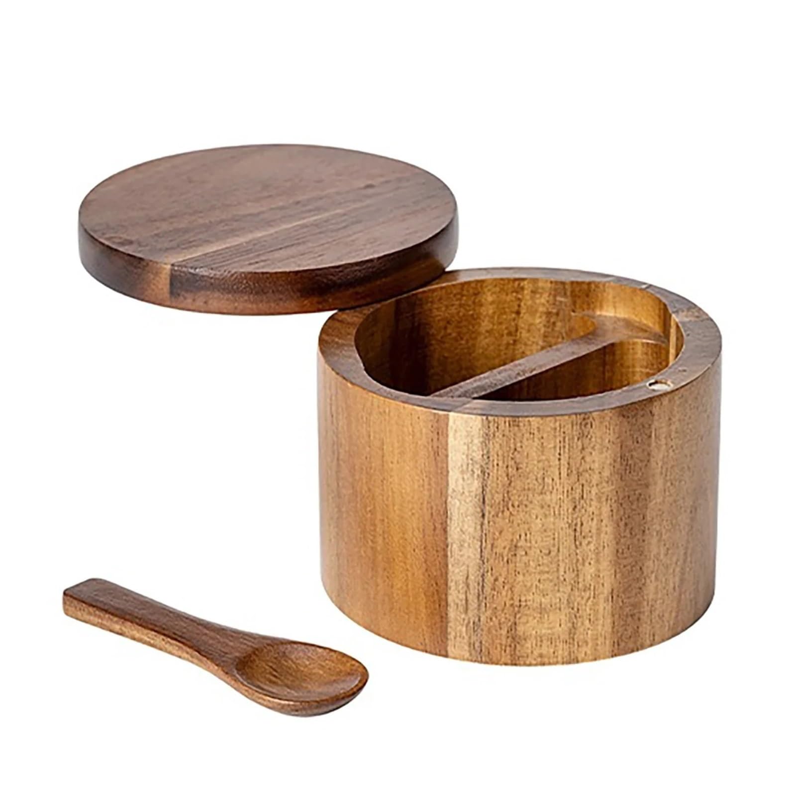 LuoAXINN Wooden Salt Cellar Acacia Wood Salt Cellar with Swivel Cover Spice Keeper for Table Herbs or Seasonings(1 Layer 2 Grid)