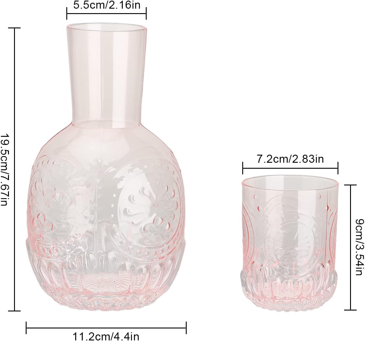 Bedside Water Carafe and Glass Set, 44oz Crystal Nightstand Water Carafe with 2 Tumbler Glass Cup, Glass Juice Mouthwash Bottle for Storing Water, Juice and Other Drinks(White)
