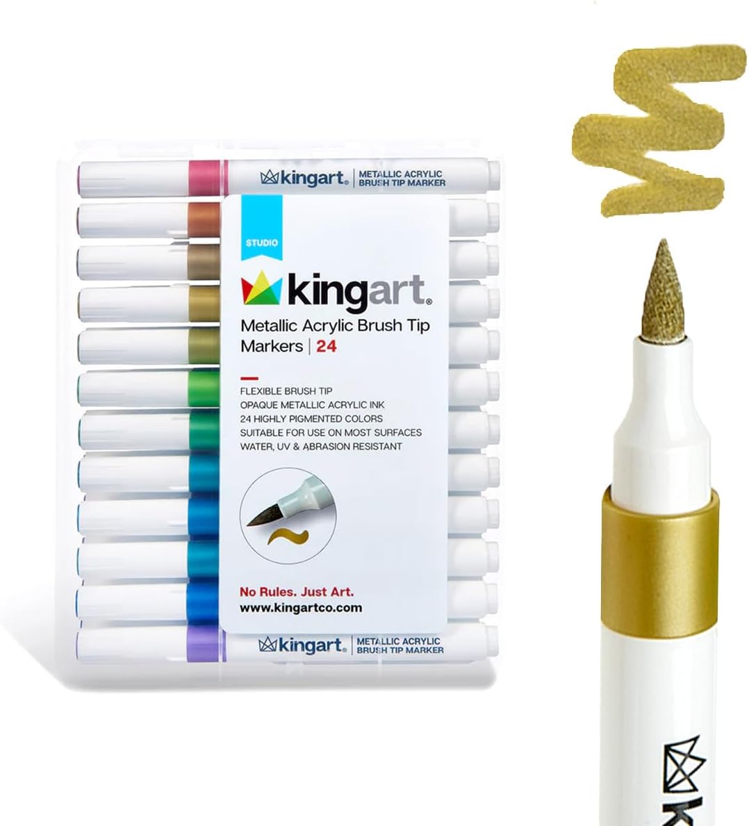 KINGART 24 Colors Acrylic Paint Markers, Brush Tip Pens for Stone, Wood, Calligraphy, Canvas, Ceramic, Metal, Glass, Rock Painting, DIY Crafts Art Supplies Kit