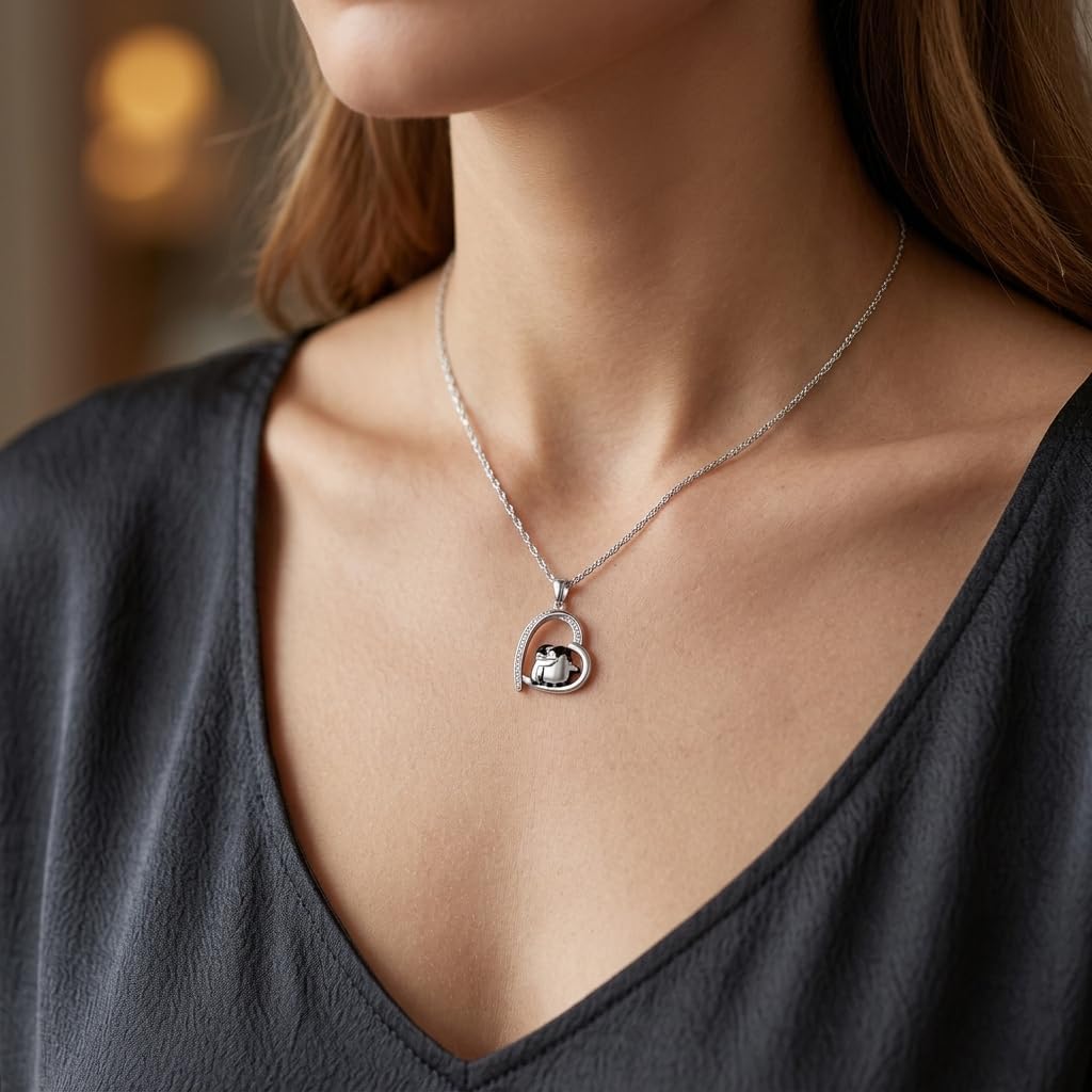 Heart Necklace for Women Silver Penguin/Cats/Deer Daughter Necklace Cute Animal Jewelry Gifts for Daughters