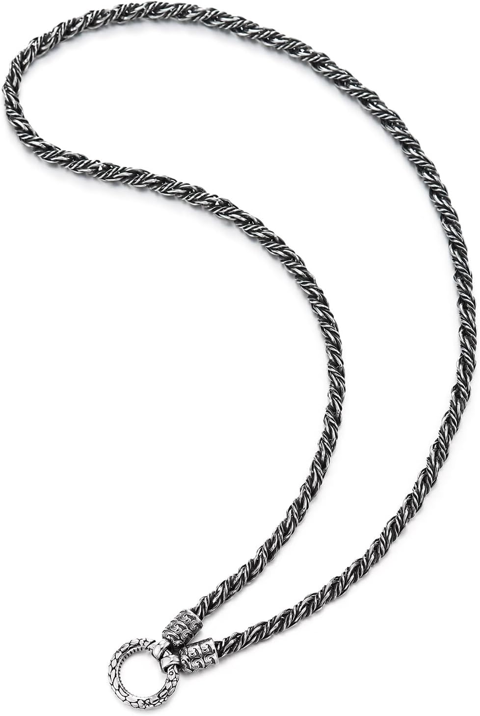 COOLSTEELANDBEYOND Men’s Stainless Steel Rope Chain Necklace, Antique Silver Twisted Design with Textured Ring Pendant