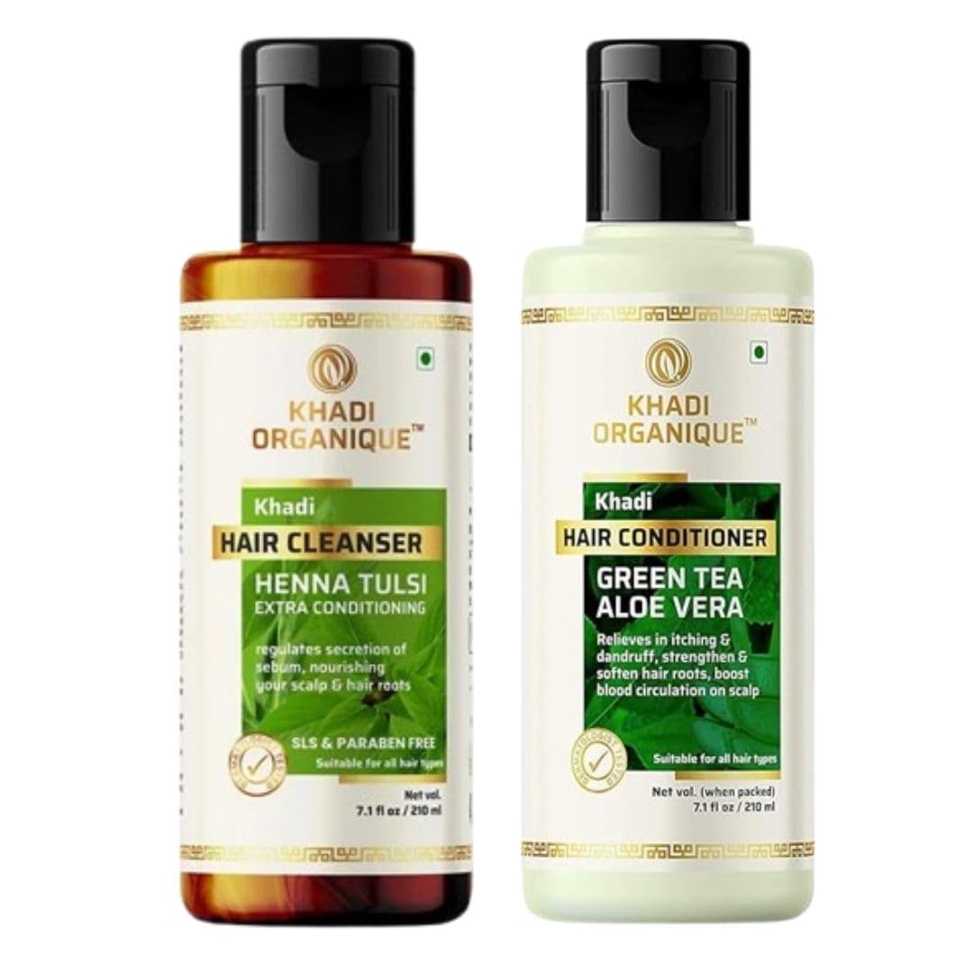 Khadi Organique Henna Tulsi Hair Cleanser & Green Tea Aloe Vera Conditioner Set | Herbal Hair Care for All Hair Types | 420ml-image-36