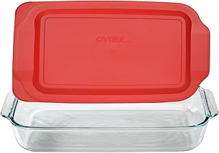 Pyrex Basics 3 Quart Glass Oblong Baking Dish with Red Plastic Lid -13.2 INCH x 8.9inch x 2 inch