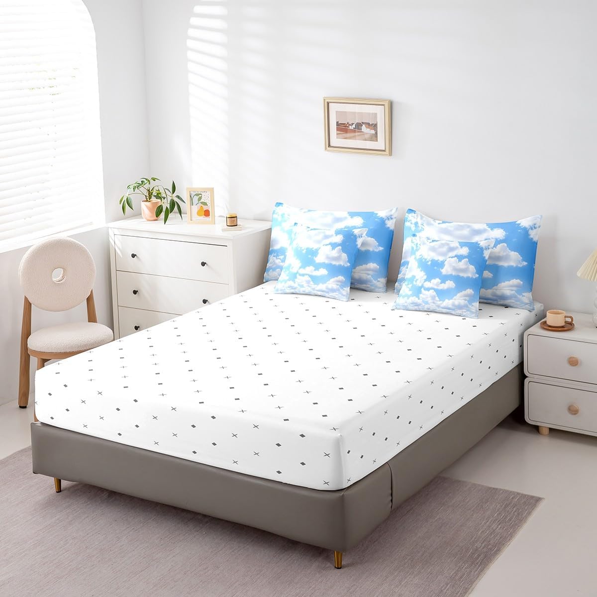 Erosebridal Blue Cloud Queen Comforter Set 7 Piece,Cloud Sky Bed in A Bag with Sheets for Kids Boys Girls Light Blue and White Bedding Set Blue Sky and White Clouds Design Bed Set Reversible