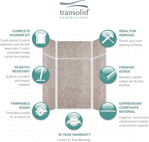 Miniatura 152 de Transolid EWKX483696-41 Expressions - Kit de pared de ducha de 6 paneles con extensión, 36 pulgadas de largo x 48 pulgadas de ancho x 96 pulgadas