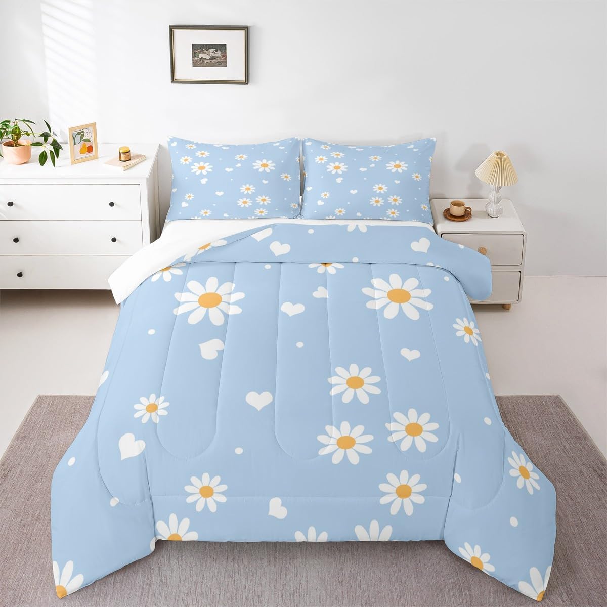 Girls Daisy Twin Size Comforter Set,Kids Yellow White Blue Decor All Season Bedding Set,Teens Daisy Flowers Comforter,Children Spring Floral Decor Quilt Set Bedroom Collection 2Pcs