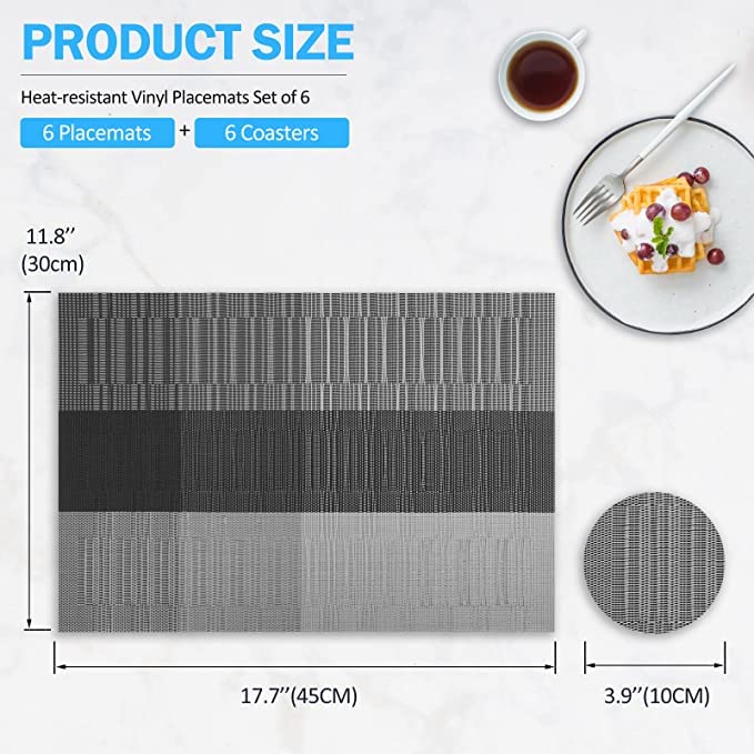Image of YELONA Placemats for Dining Table - Heat Resistant & Washable PVC Vinyl Table Mats, Non-Slip, Stain Resistant Woven Kitchen Mats, Set of 8, 45cm x 30cm (Black & Light Grey)