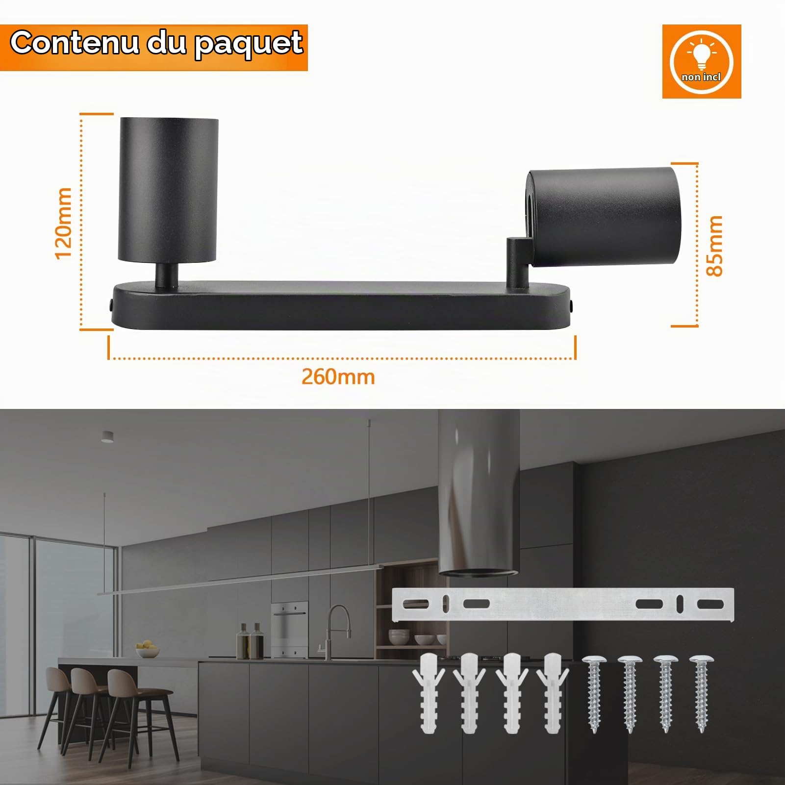 KYOTECH Plafonnier LED 2 Spots Orientables 2 GU10 Spots de plafond Pivotants & Orientables,Applique murale LED Noir mat,livré sans ampoules