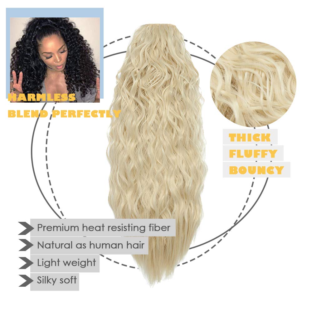 Hairro Drawstring Ponytail Extension Curly Ponytail Hair For Women Synthetic Long Corn Wavy Pony Tail Hairpieces Heat Resistant Highlight Ponytails Extension With Combs 18 Inch #613C Bleach Blonde