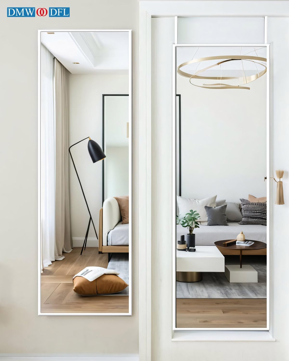 48"x14" Over-The-Door Full Length Mirror - No Drill Hanging with Metal Hooks, Shatterproof Glass & Aluminum Frame for Bathroom, Bedroom, Entryway Decor（Silver White） - Image 9