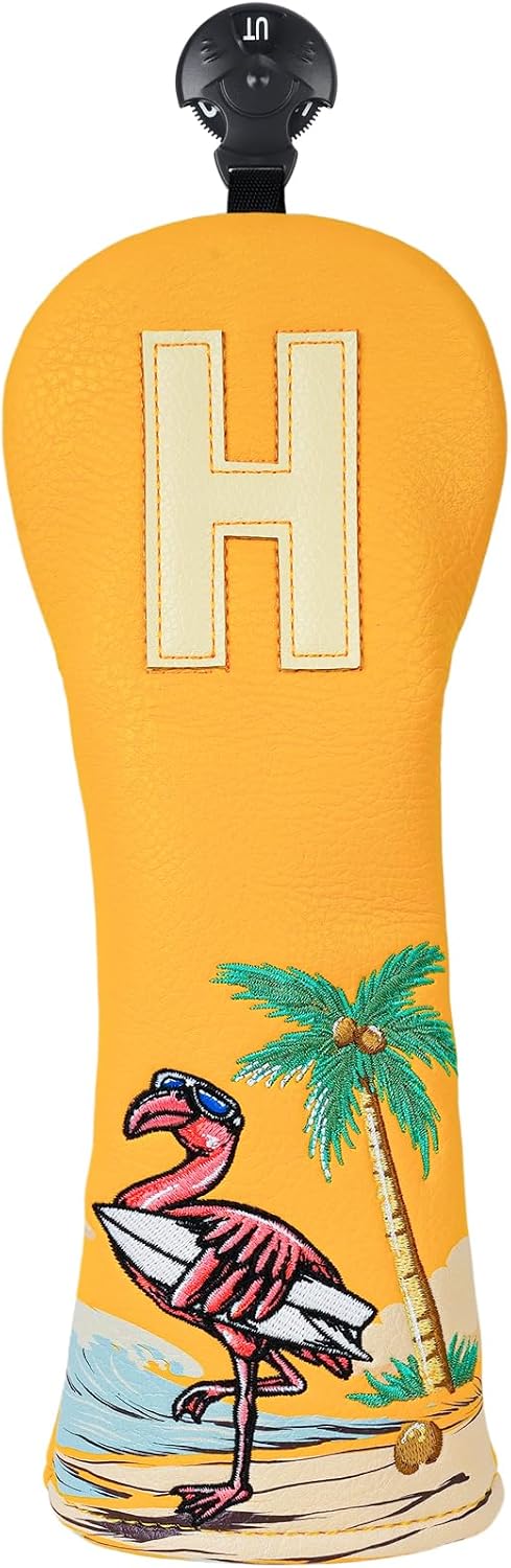 Golf Club Covers Surfing Flamingo for Woods and Drivers Funny Driver Fairway Hybrid Headcover Coconut Tree Embroidery