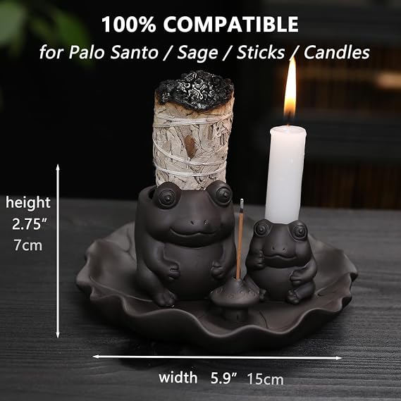 ChangWanna Multifunction 4 in 1 Frog Incense Holder, Palo Santo Holder, Sage Holder, Ceramic Incense Stick Holder for Burning - Cute Ash Catcher Tray for Yoga/Meditation/Home Room Office Decor, Black