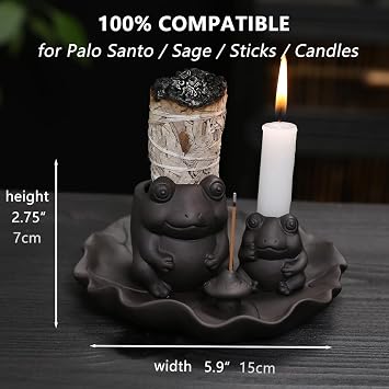 ChangWanna Multifunction 4 in 1 Frog Incense Holder, Palo Santo Holder, Sage Holder, Ceramic Incense Stick Holder for Burning - Cute Ash Catcher Tray for Yoga/Meditation/Home Room Office Decor, Black