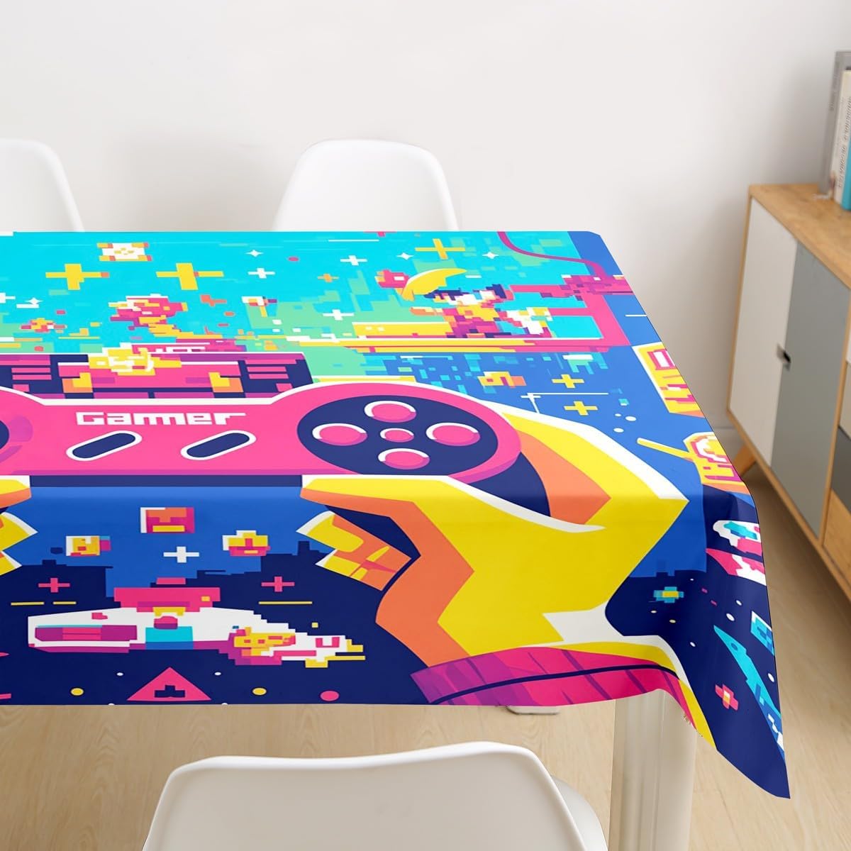 Homewish Pixel Style Video Games Table Cloth,Glitter Gamepad Tablecloths Kids Teen Boys Adults Kitchen Decor,Blue Gaming Theme Table Accessories,Colorful Games Board Table Cover,55"x55" image 2
