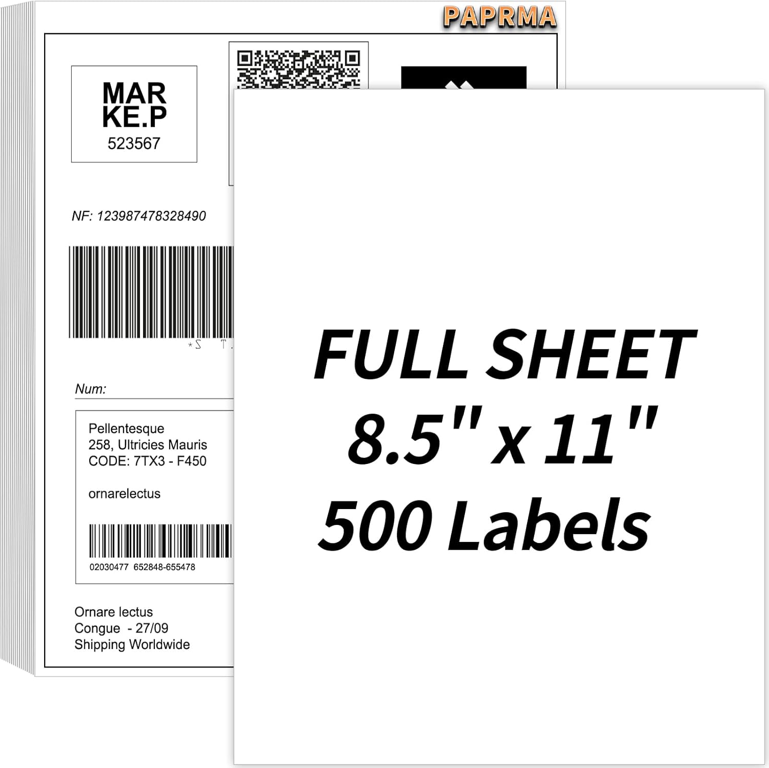 Full sheet label paper 8.5 x 11, matte white, 500 sheets