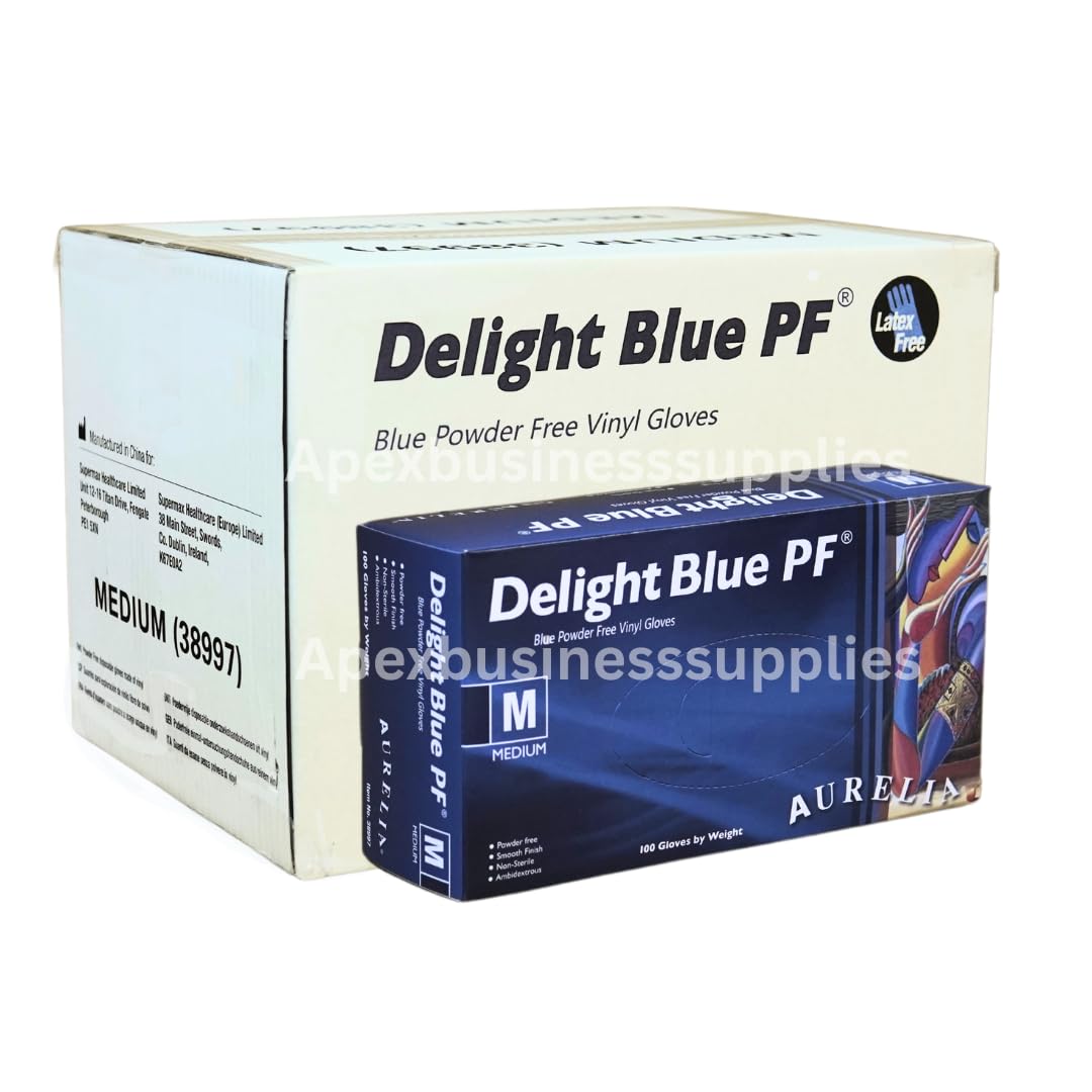 Apex Business Supplies Medium 1000 Vinyl Blue Gloves Delight PF Disposable Gloves | Powder Free and Non-Sterile Multipurpose Strong Disposable Gloves | Medical & Food Grade Gloves 10 Box