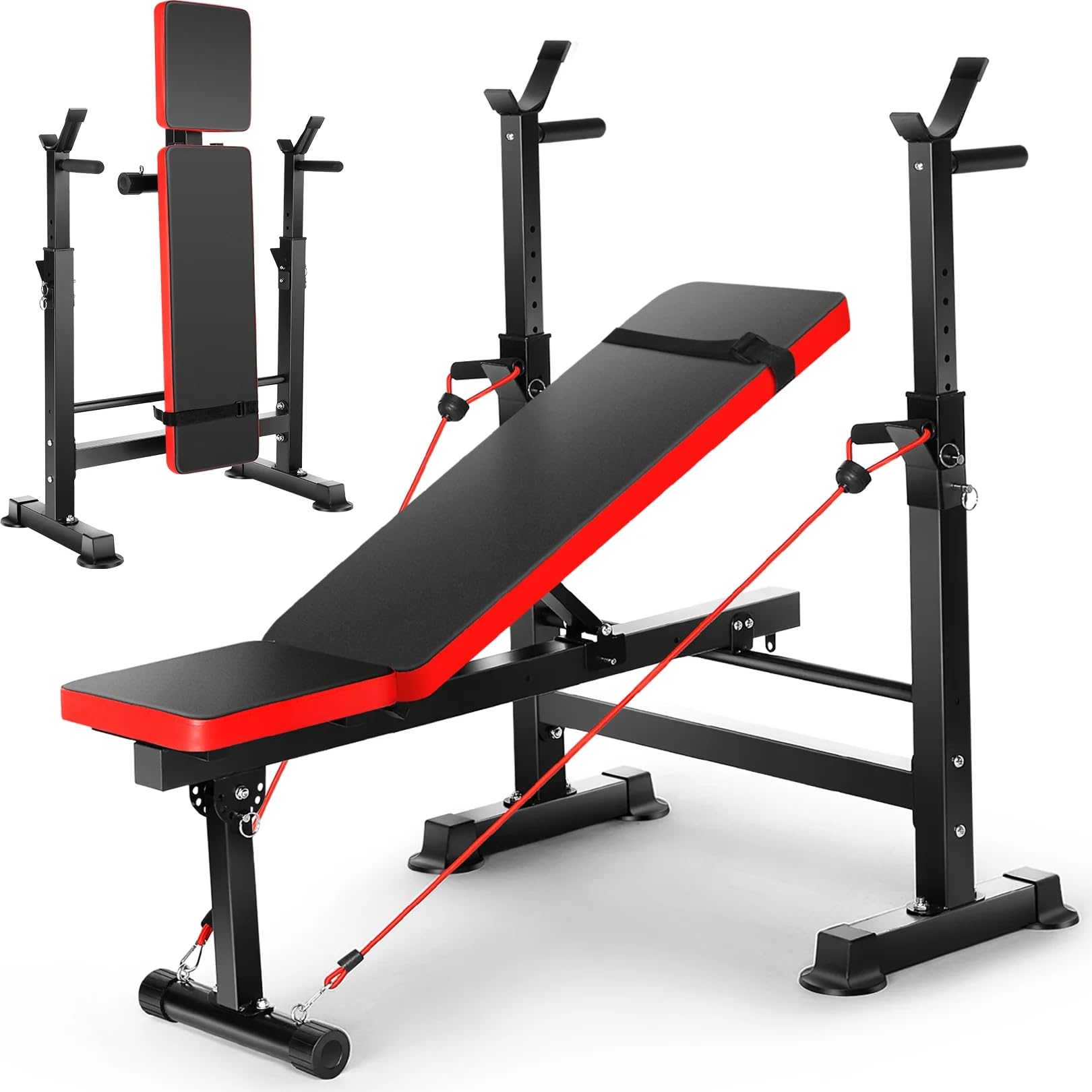 Adjustable Weight Bench 600lbs 4-in-1 Foldable Workout Bench Set with Barbell Rack, Multi-Function Strength Training Bench Press Exercise Equipment for Home Gym