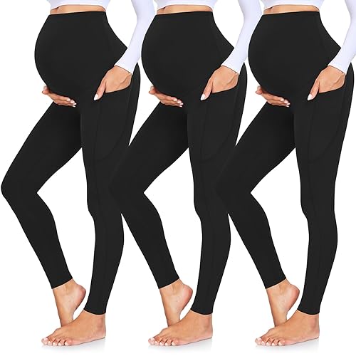 GROTEEN 3 Pack Women's Maternity Leggings with Pockets Over The