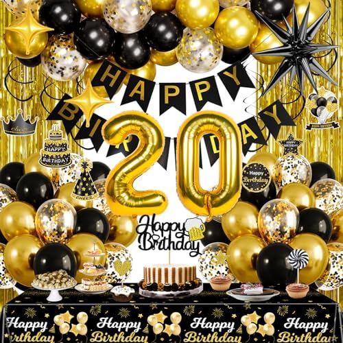 Black and Gold 20th Birthday Decorations for Men Women, Gold Part...