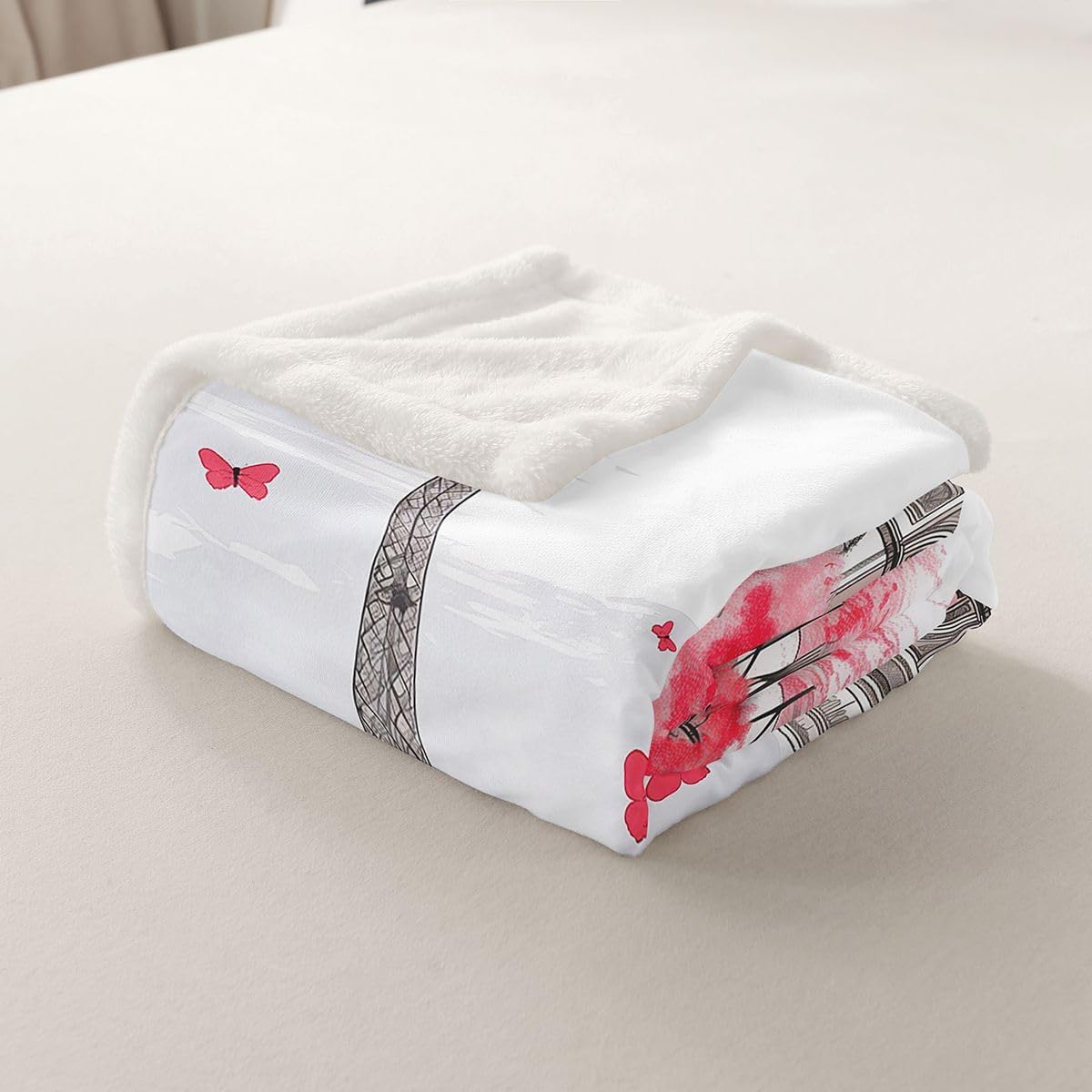 Eiffel Tower Blanket Red Cherry Blossom Fleece Blanket Girls Women Romantic City Building of Paris Throw Blanket Butterfly Flowers Arc De Triomphe Plush Blanket Paris Themed Sofa Decor 90"x90"