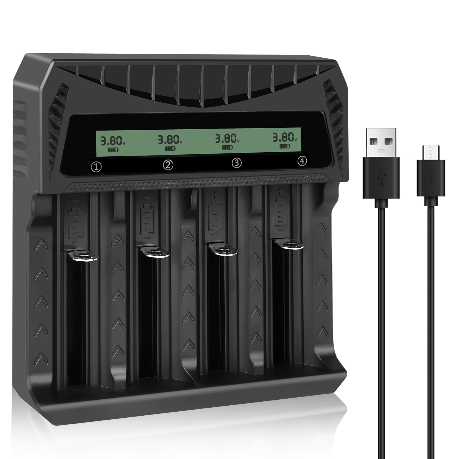 AXFEE Ładowarka akumulatorów 18650, uniwersalna szybka ładowarka do akumulatorów 18650 z wyświetlaczem LCD, 4-gniazdowa ładowarka USB-C do akumulatora, odpowiednia do 21700 26650 16340 18500 14500