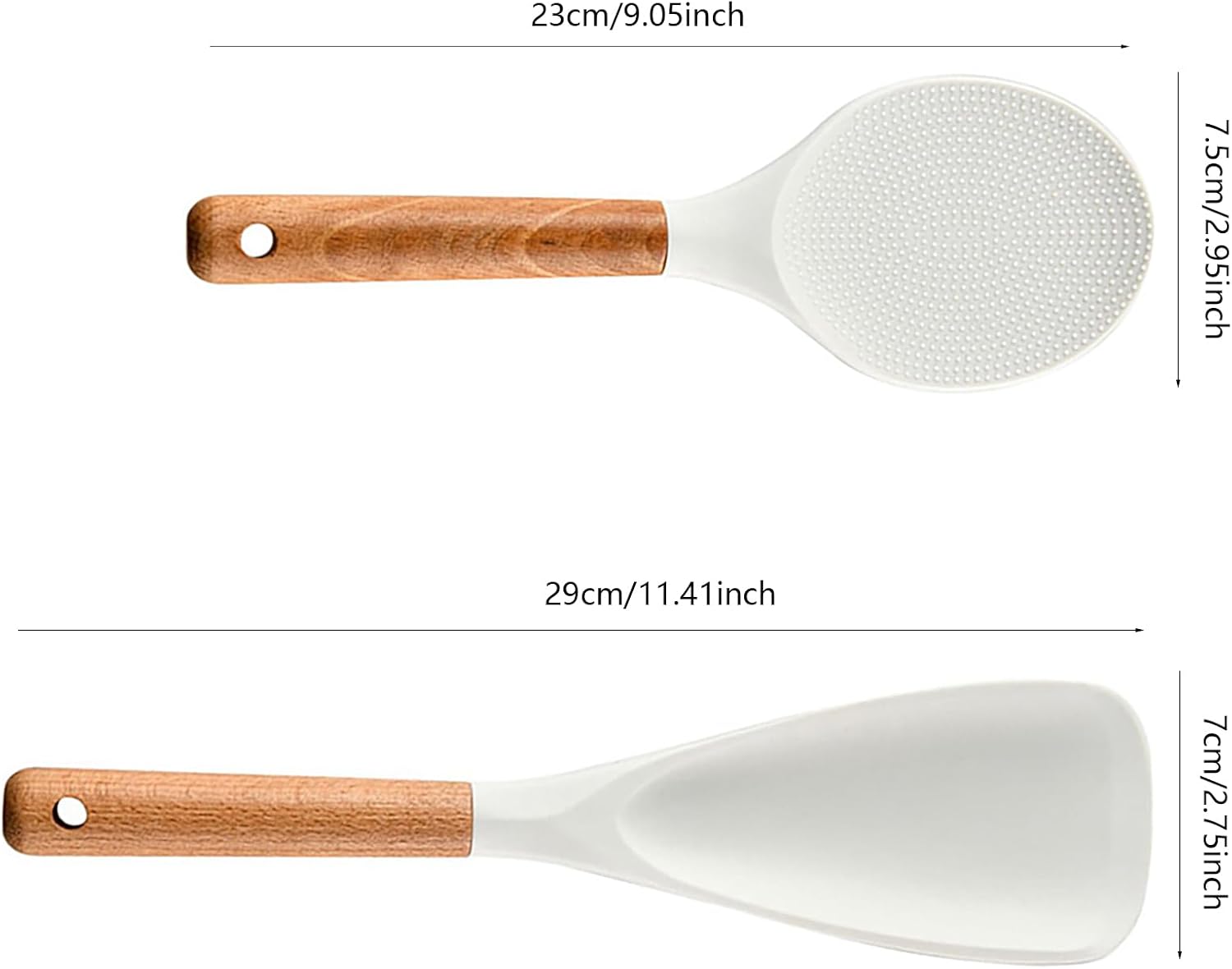 2 Pcs Silicone Cooking Spoons for Nonstick Cookware - Wooden Handle Rice Scooper & Serving Spoon, BPA-Free Matte Silicone - Great for Mixing, Scraping, and Stirring (White-2-Pcs)