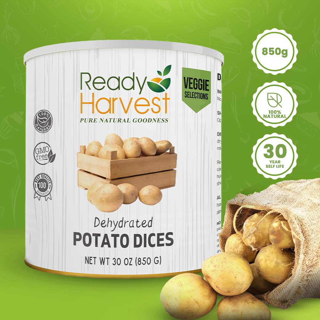 Ready Harvest Cibo disidratato - dadi di patate | Cibo di emergenza | Patate secche | Lattina #10 | Durata di conservazione di 30 anni | Lattine riempite fino in cima