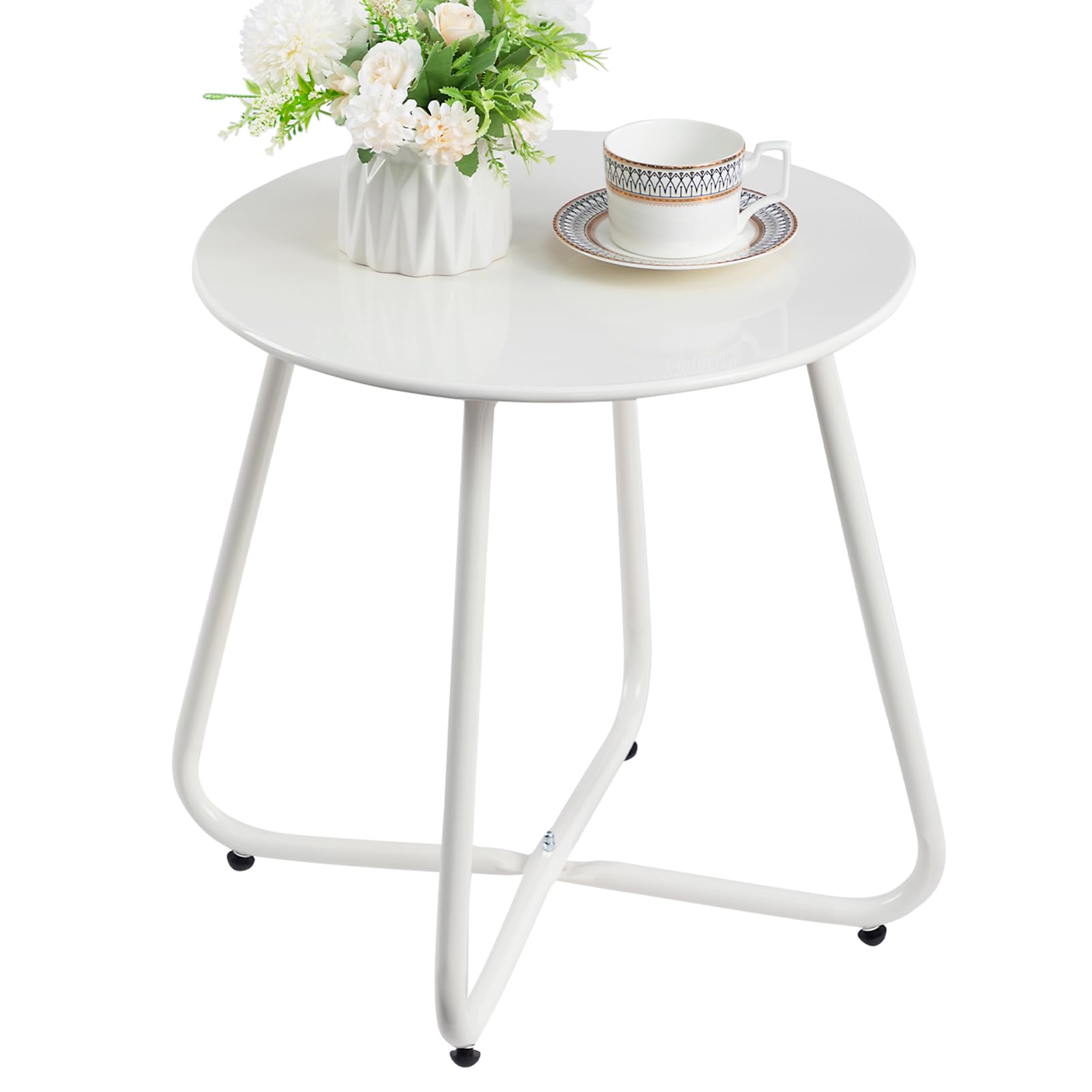 HollyHOME Outdoor Side Table Small Patio Table Round Balcony Side Tables Metal Round Coffee Tables for Garden, White