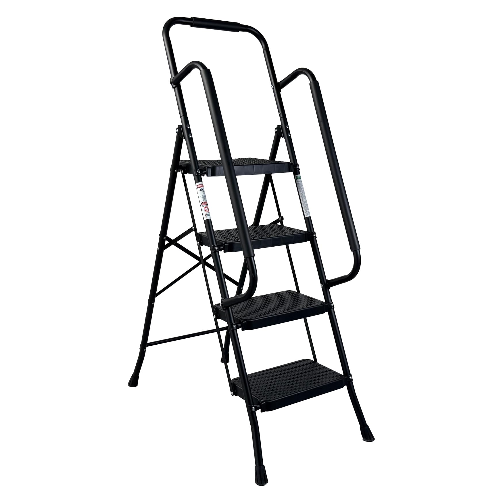 4 Step Ladder with Handrails, Folding Step Stool with Wide Anti-Slip Pedal, 300 lbs Capacity Sturdy Steel Ladder, Ladder for Home, Garden, Painting, Outdoor, and Garage, Black