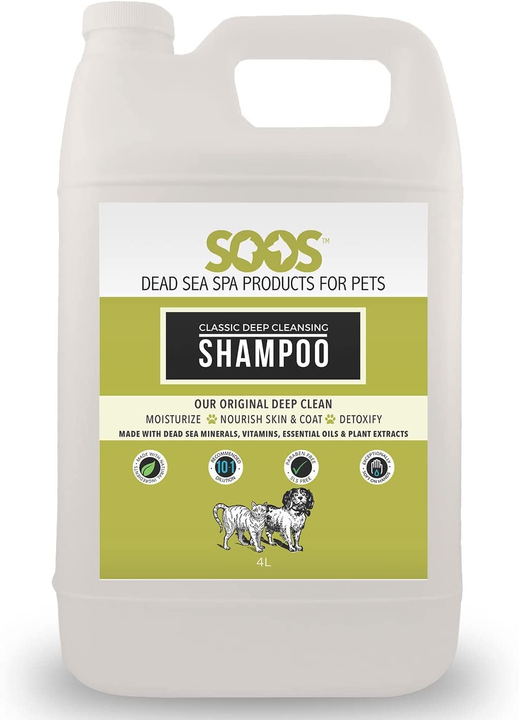 Soos Pet Classic Deep Cleansing Shampoo for Dogs and Cats Natural Dead Sea Minerals Fast Absorbing Coat with Vitamins Essential Oils Natural Ingredients - 1x (4L Gallon)