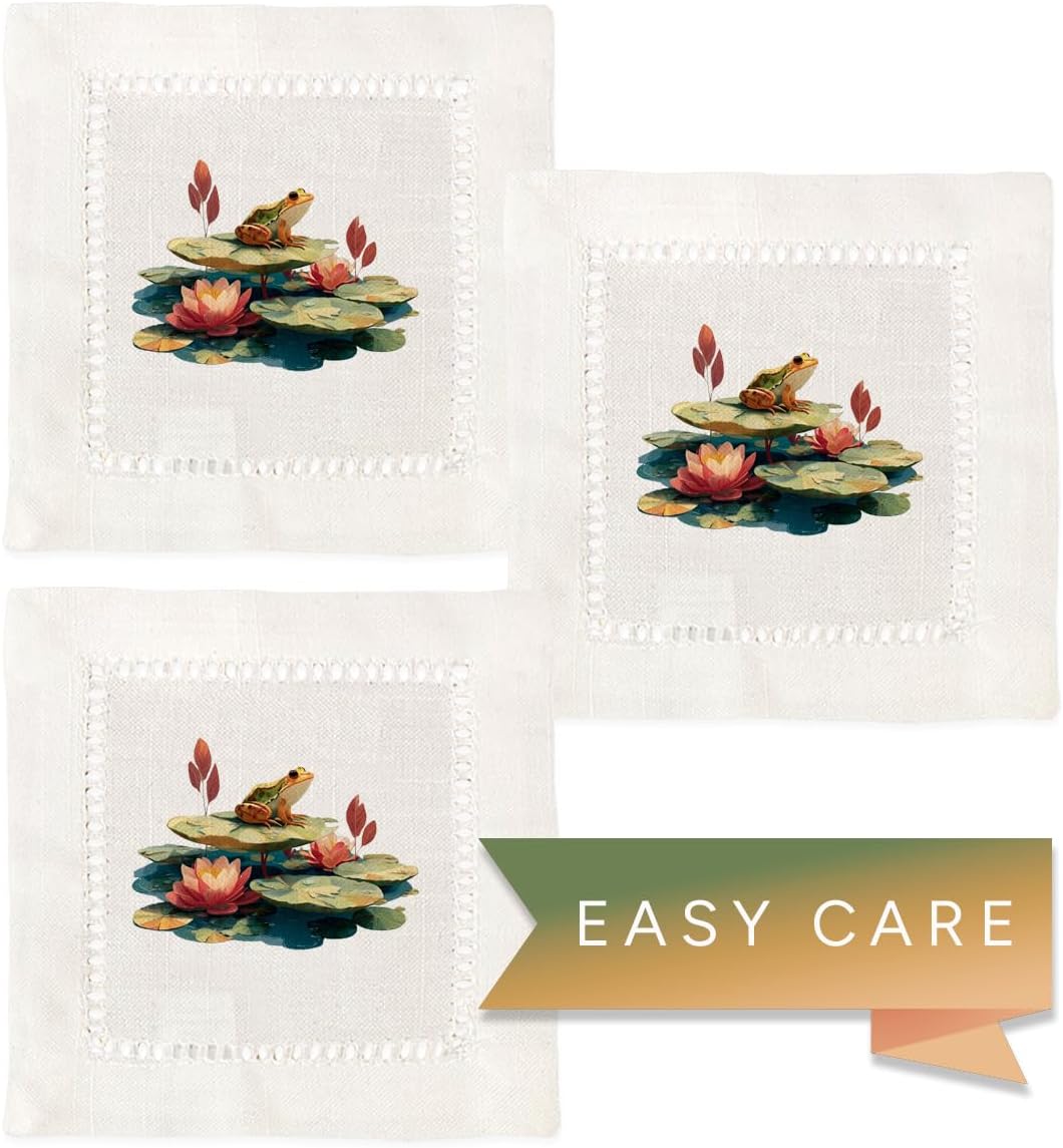 Jolitee Decorative Hemstitch Cocktail Napkins, 6"x6" Washable Linen-Like Cloth Napkins, Handmade for Entertaining and Everyday Use (Lotus Frog)