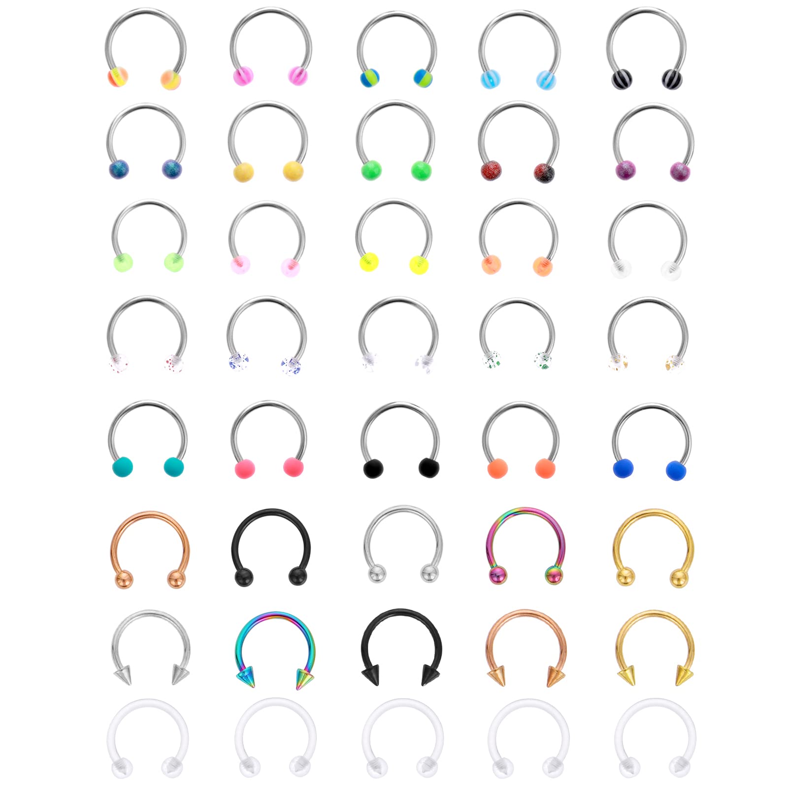 Yolev 40 Piezas Septum 16G 18G 20G Espaciador de Herradura Acero Quirúrgico Piercing Nariz Aro Joyas Cartílago Espiral Tragus Pendiente Anillo Labio Herradura Piercing Mujer Hombre 6 mm 8 mm 10 mm 12 mm