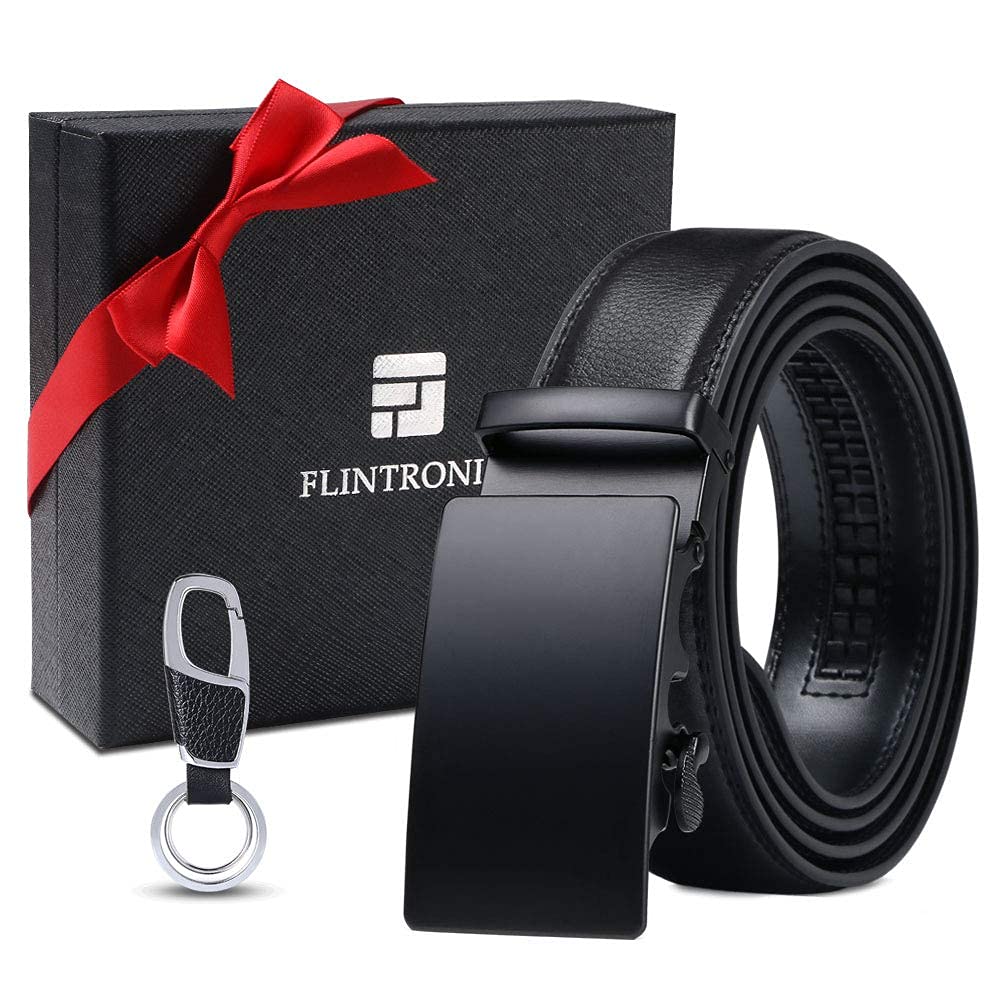 flintronic ® Cintura da Uomo in Pelle con Fibbia Automatica, Moda Cintura a Cricchetto 3.5cm * 130cm, con Portachiavi e Confezione Regalo