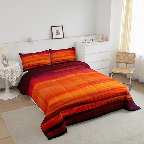 Miniatura 2 de Juego de edredón con estampado rojo, juego de ropa de cama de color atardecer, edredón de rayas exóticas tropicales rojas para niños y niñas, juego