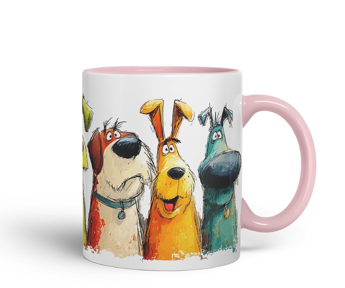 Vixar Funny Colourful Pet Dog Friends Design – Cute Dog Character Mug for Dog Lovers, Coloured Mug Cup Gift, 11oz (Pink)